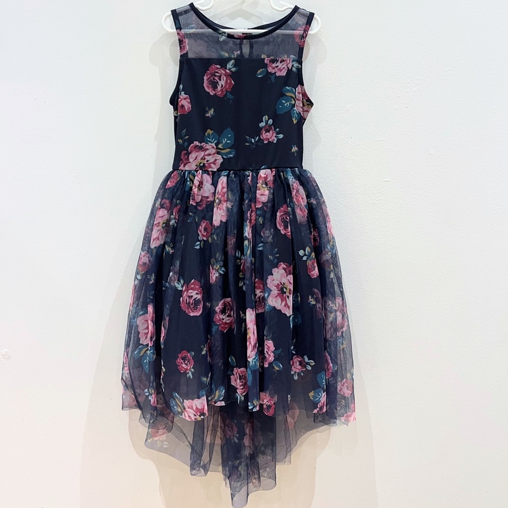 High Low Fancy Holiday Party Dress navy Blue Flowers Fluffy Girls size 7/8